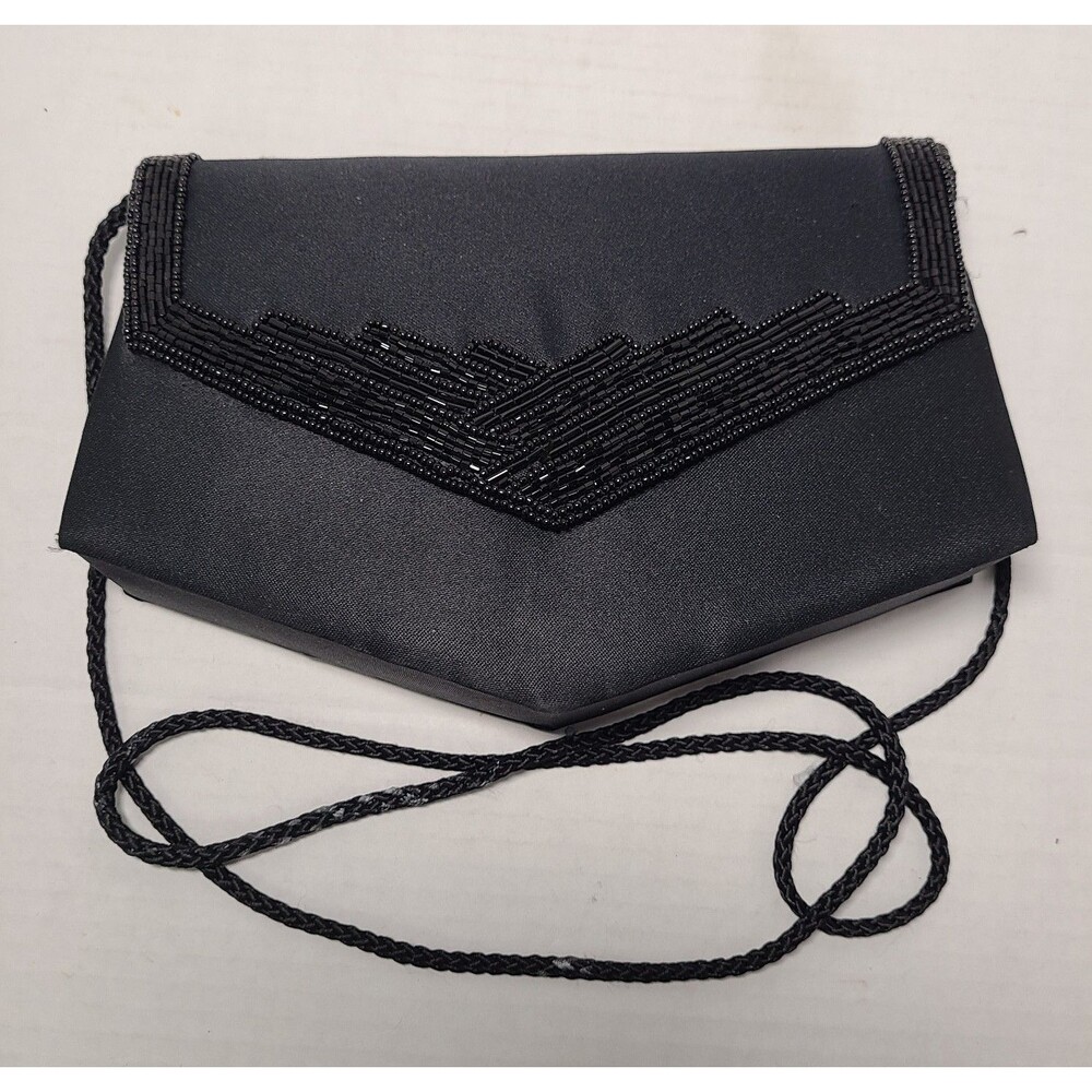 Vintage La Regale Style Black Satin Beaded Evening Clutch Crossbody Bag Geometri